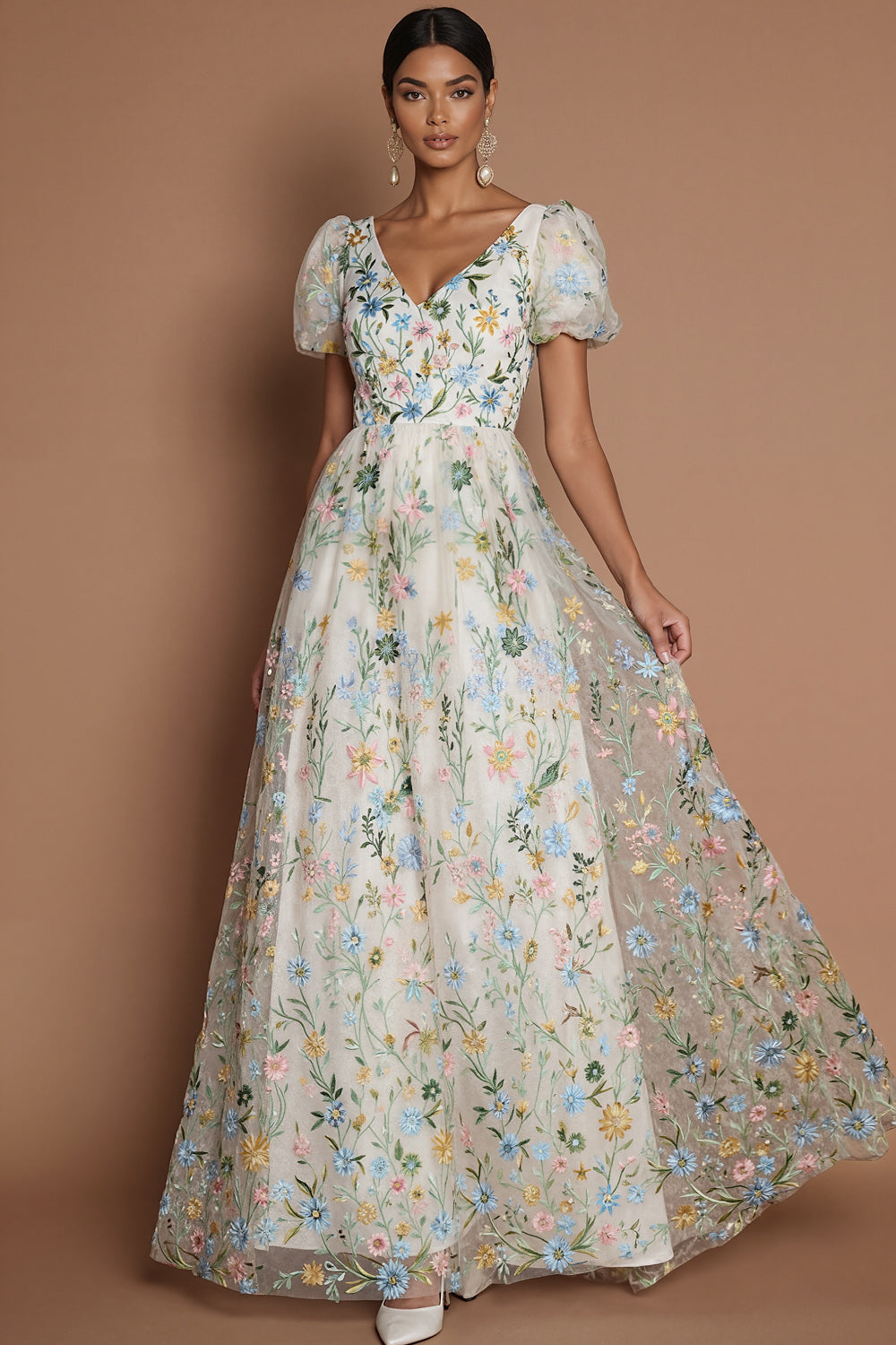 White A Line Floral Embroidered V Neck Puff Sleeves Long Formal Dress