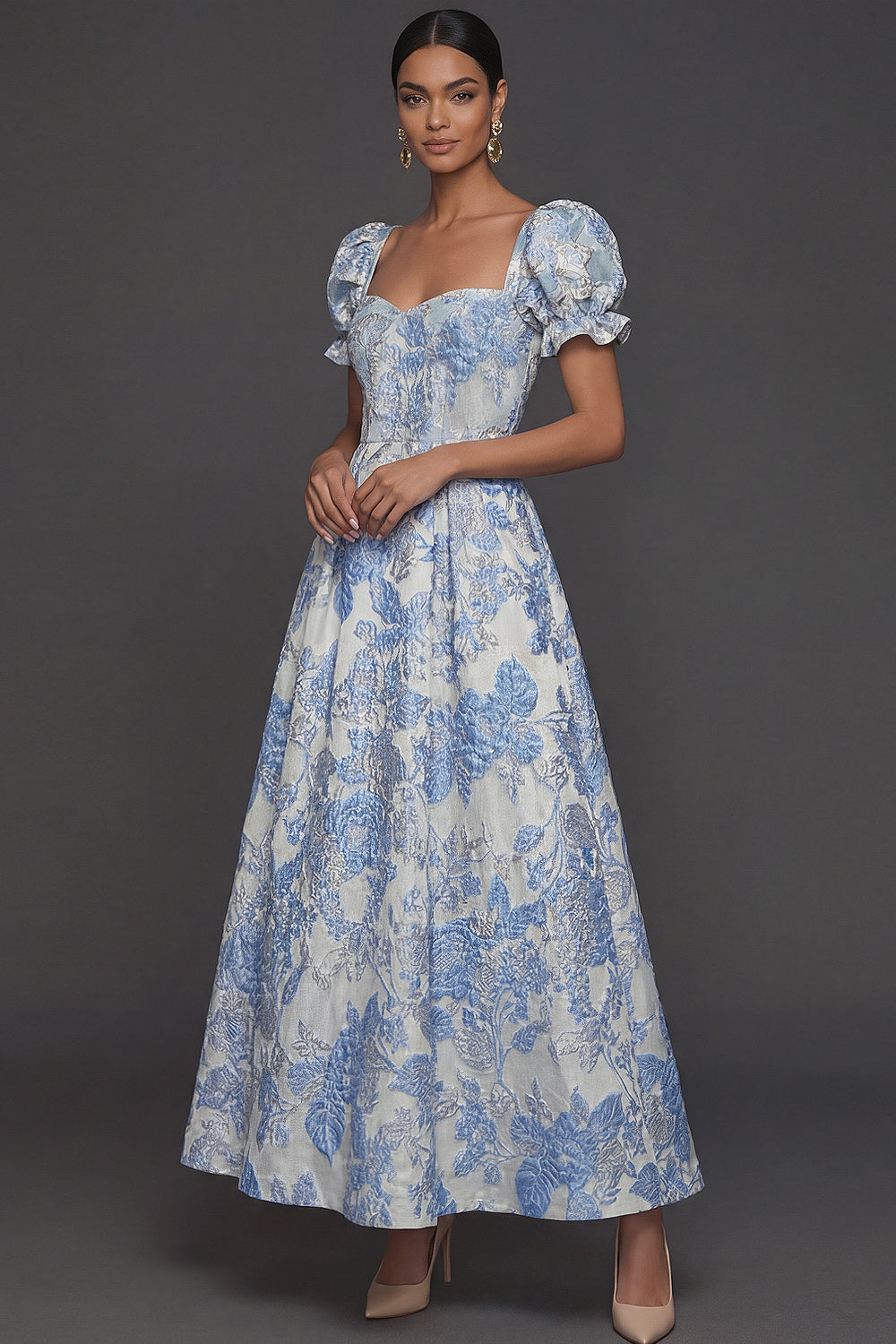 Blue Jacquard Floral Sweetheart Puff Sleeves Long Formal Dress