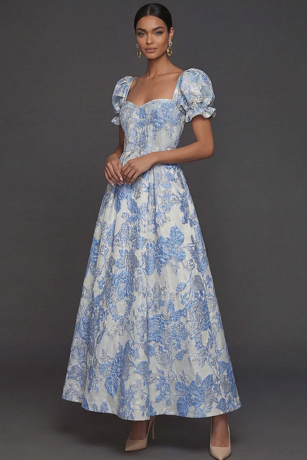 Leely Women Blue Jacquard Floral Sweetheart Long Formal Dress Puff Sleeves Backless Wedding Guest Dress