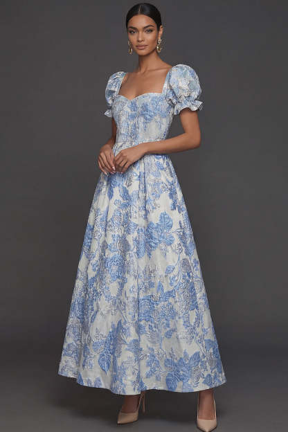 Leely Women Blue Jacquard Floral Sweetheart Long Formal Dress Puff Sleeves Backless Wedding Guest Dress