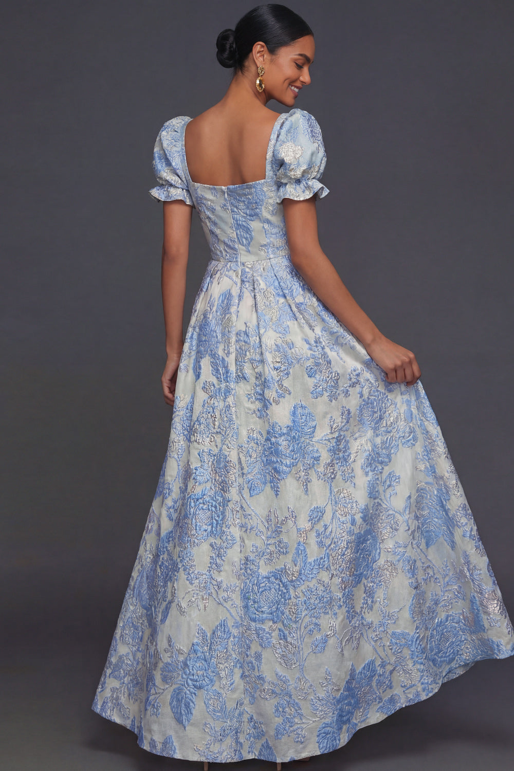 Blue Jacquard Floral Sweetheart Puff Sleeves Long Formal Dress