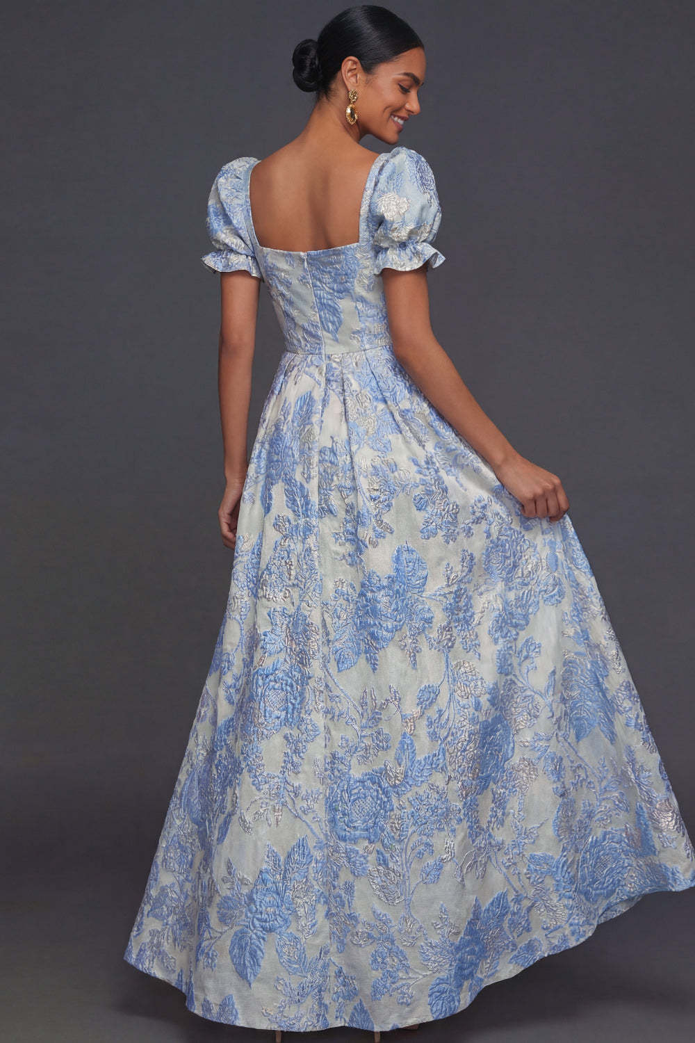 Blue Jacquard Floral Sweetheart Puff Sleeves Long Formal Dress