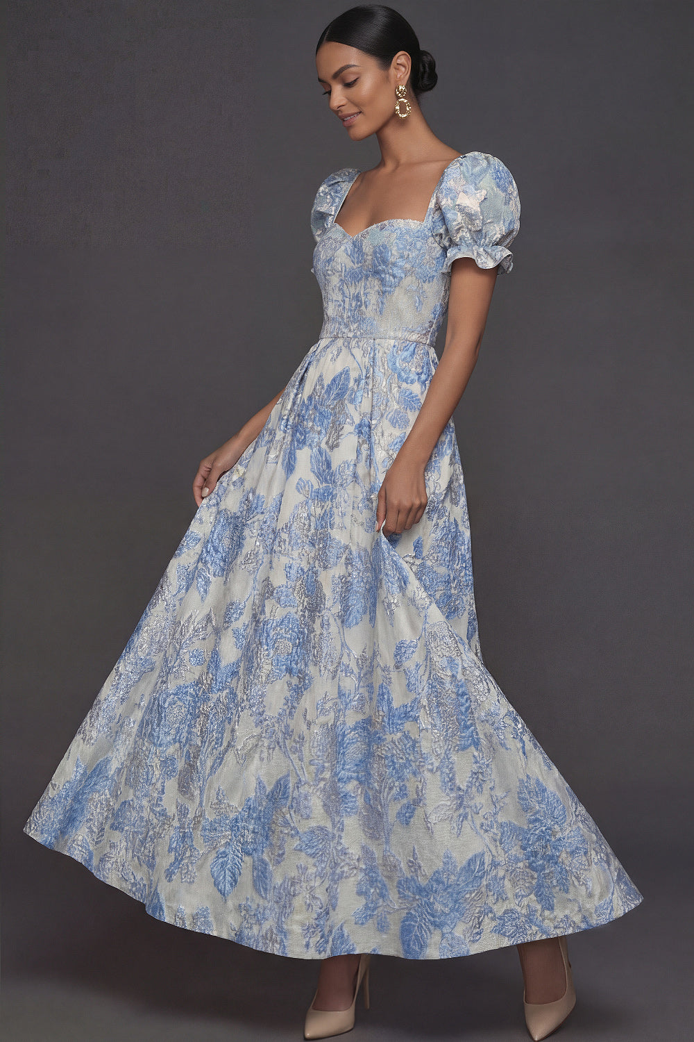 Blue Jacquard Floral Sweetheart Puff Sleeves Long Formal Dress