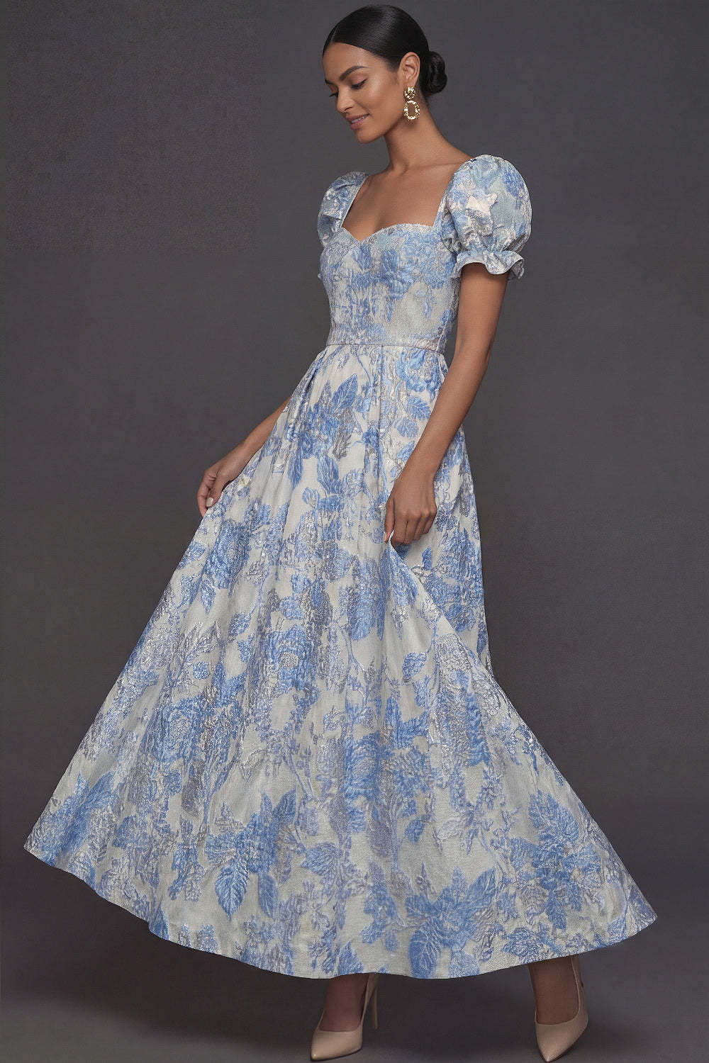 Blue Jacquard Floral Sweetheart Puff Sleeves Long Formal Dress