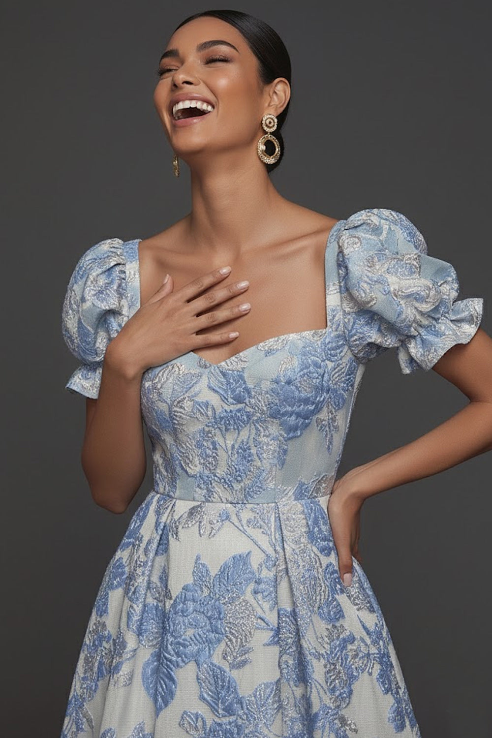 Blue Jacquard Floral Sweetheart Puff Sleeves Long Formal Dress