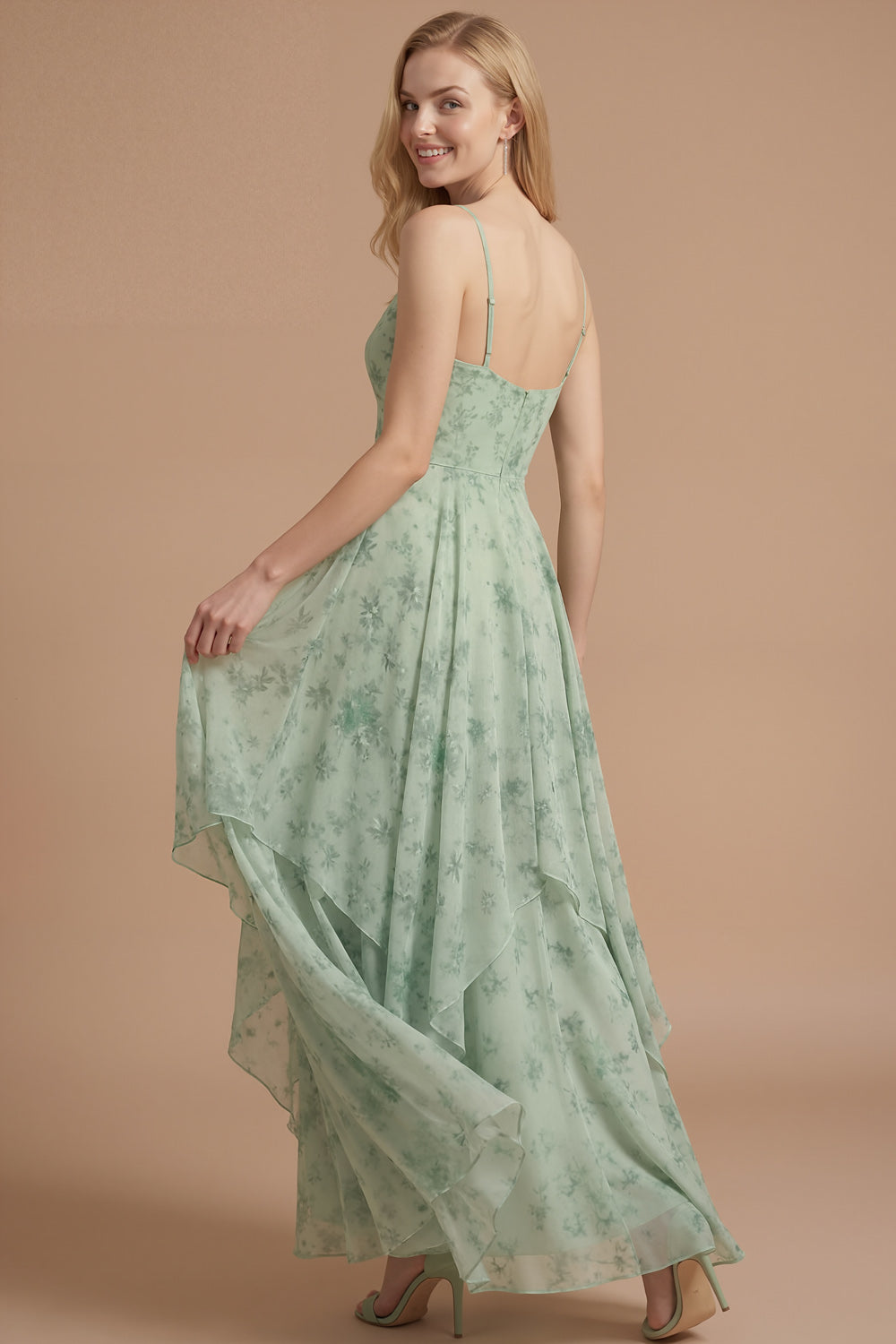 Green Floral Spaghetti Straps A Line Sleeveless Long Wedding Guest Dress