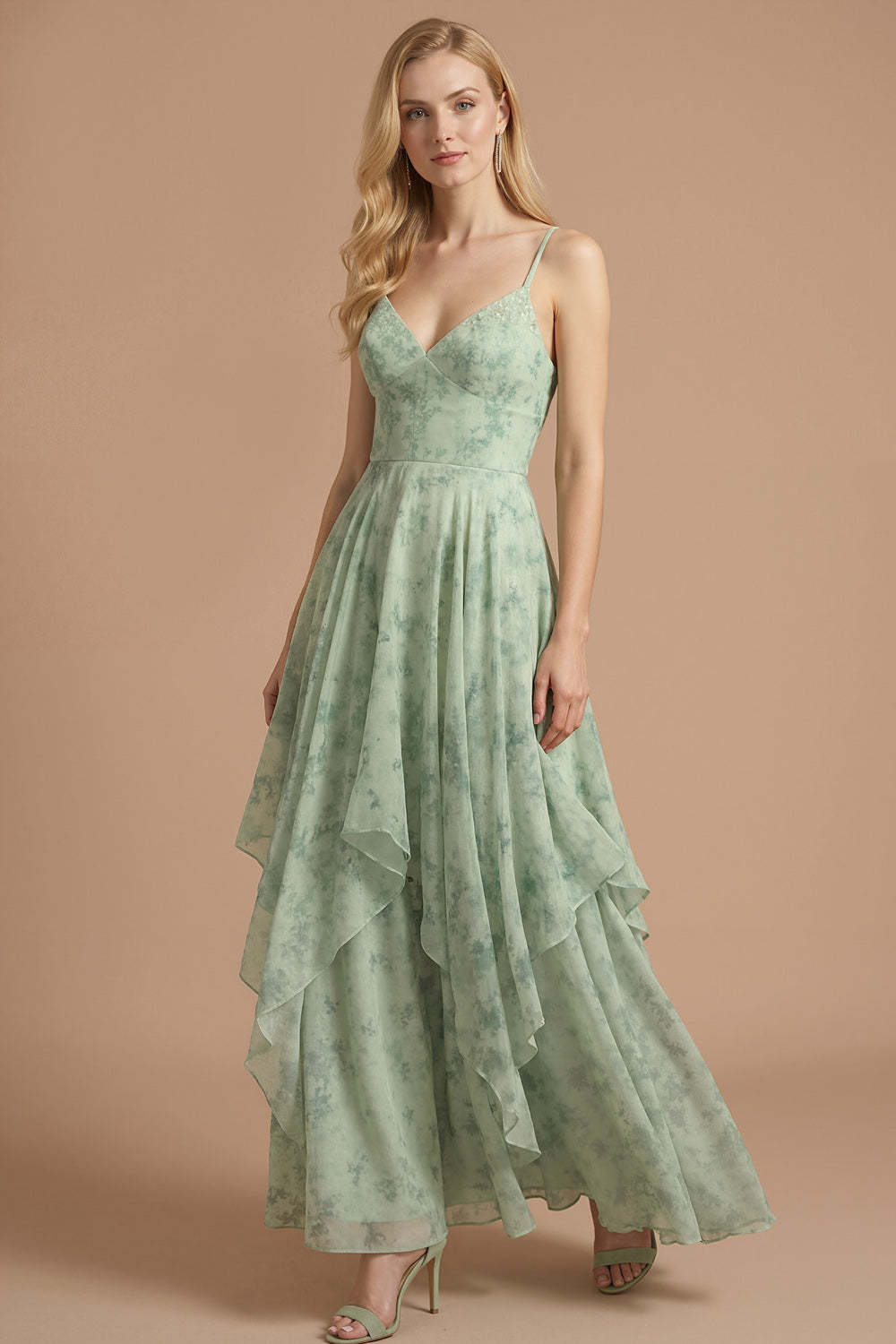 Green Floral Spaghetti Straps A Line Sleeveless Long Wedding Guest Dress