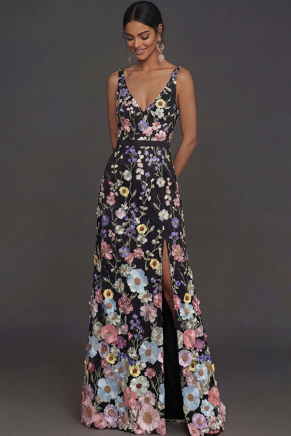 Leely Women Black Floral V Neck Long Formal Dress with Slit A Line Appliqued Sleeveless Backless Wedding Guest Dress