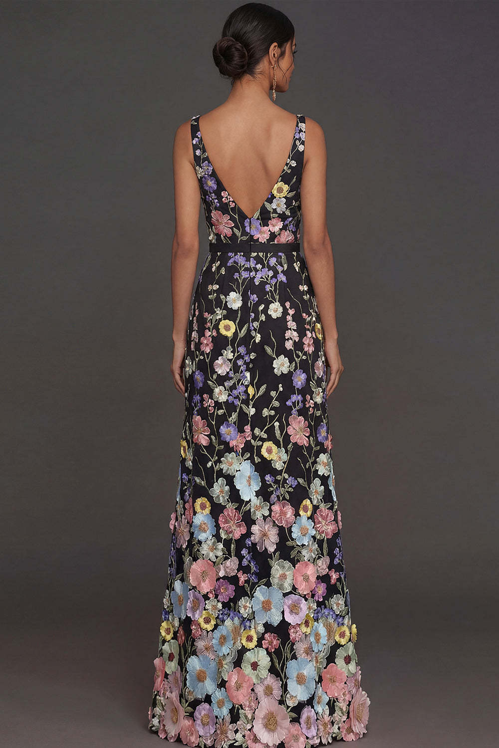 Black Floral Appliqued V Neck Long Formal Dress with Slit