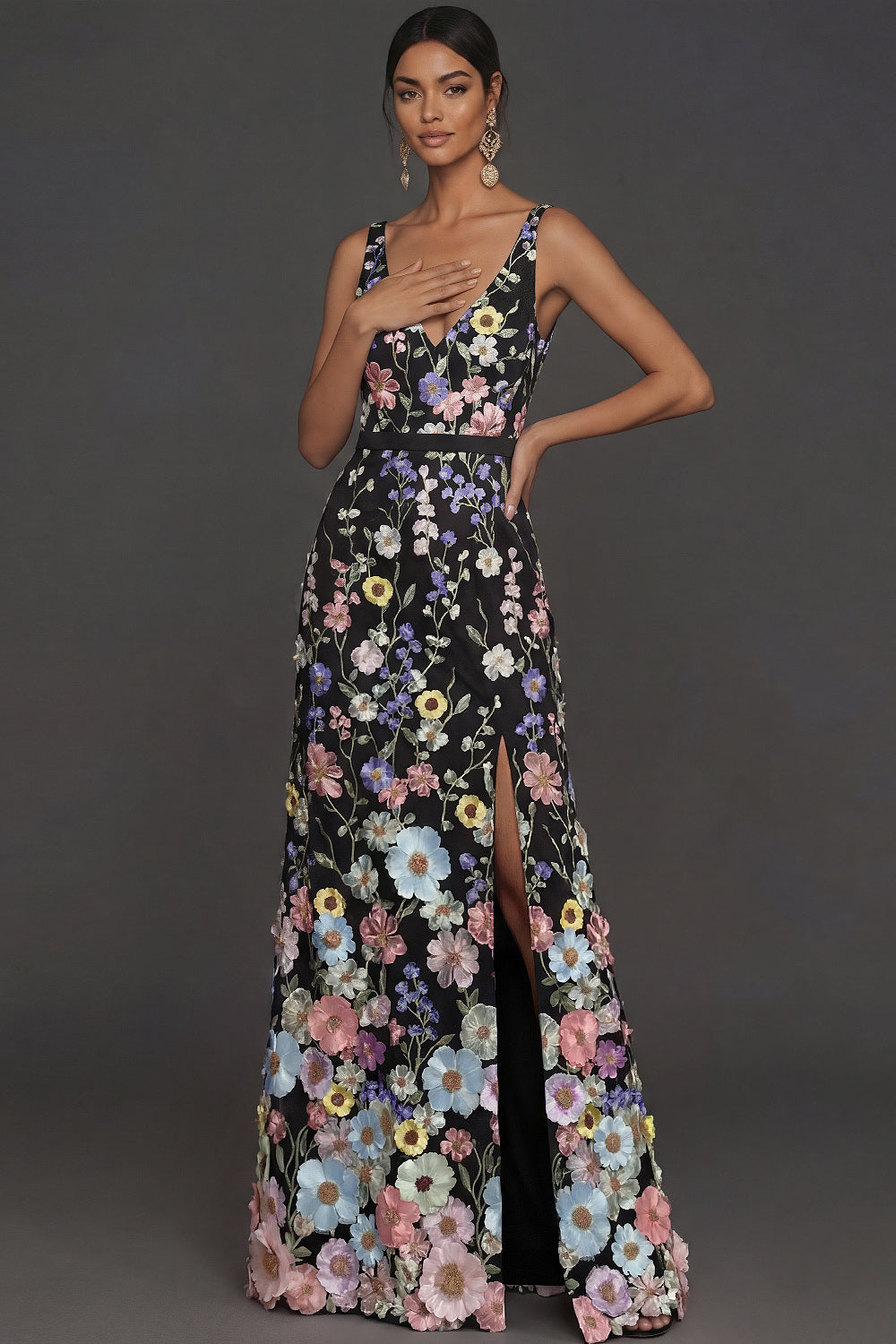 Black Floral Appliqued V Neck Long Formal Dress with Slit
