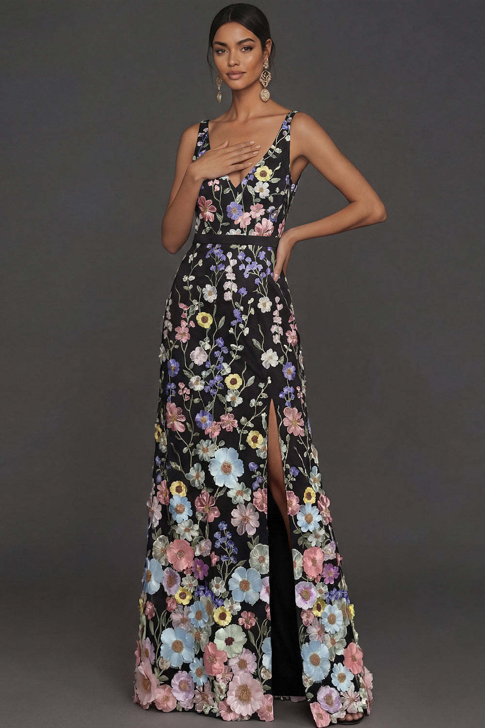 Black Floral Appliqued V Neck Long Formal Dress with Slit