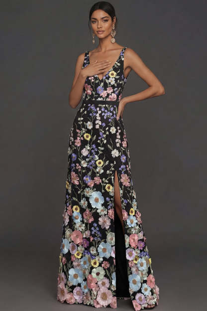 Black Floral Appliqued V Neck Long Formal Dress with Slit