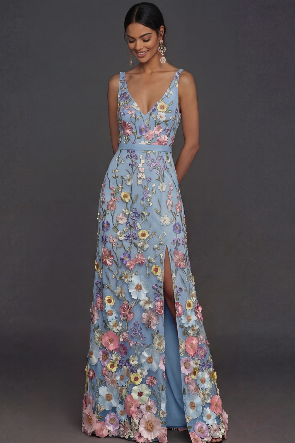 Black Floral Appliqued V Neck Long Formal Dress with Slit
