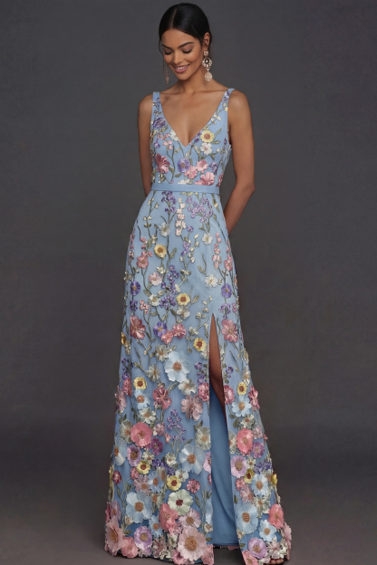 Black Floral Appliqued V Neck Long Formal Dress with Slit