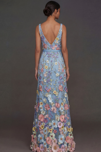 Black Floral Appliqued V Neck Long Formal Dress with Slit