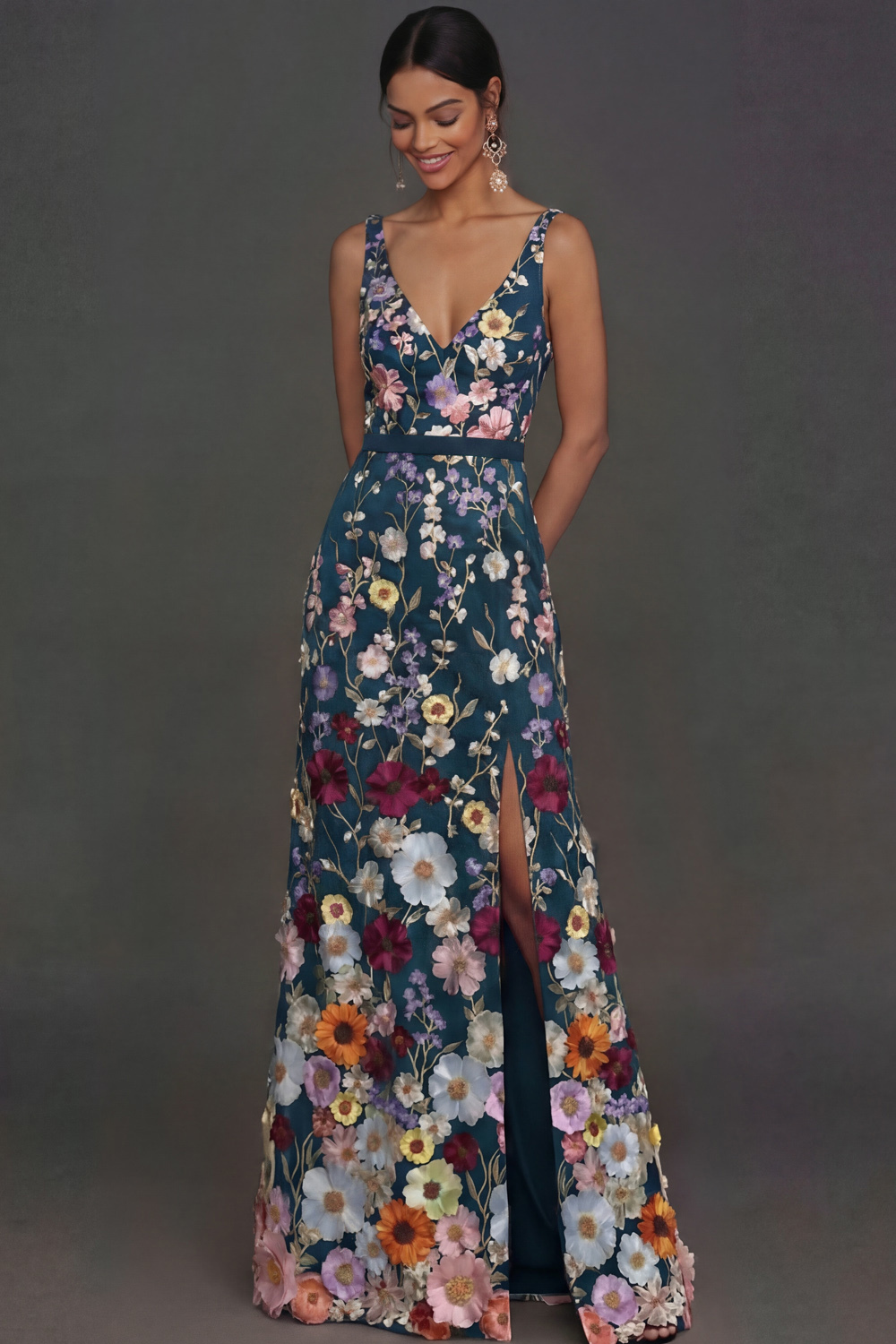 Leely Women Black Floral V Neck Long Formal Dress with Slit A Line Appliqued Sleeveless Backless Wedding Guest Dress
