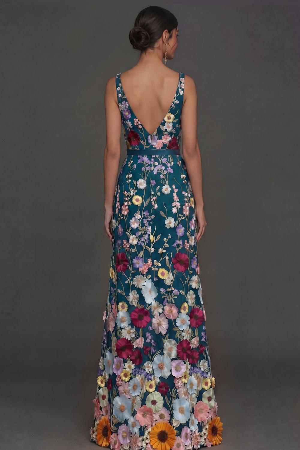 Black Floral Appliqued V Neck Long Formal Dress with Slit