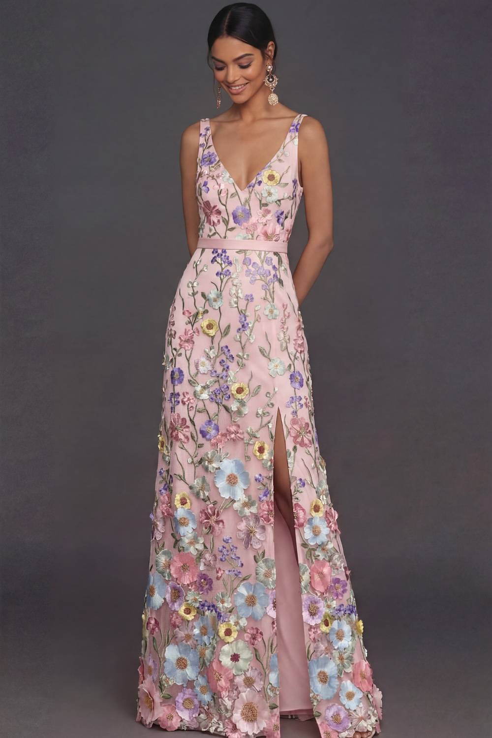 Black Floral Appliqued V Neck Long Formal Dress with Slit