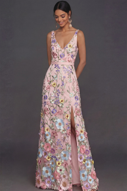 Black Floral Appliqued V Neck Long Formal Dress with Slit