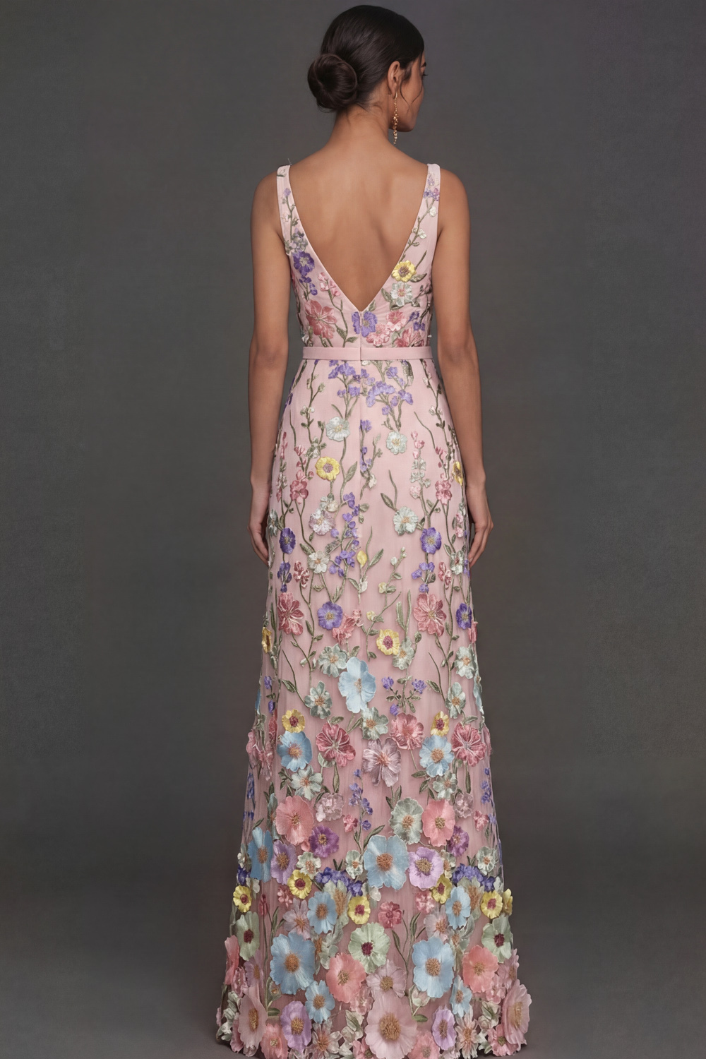 Black Floral Appliqued V Neck Long Formal Dress with Slit