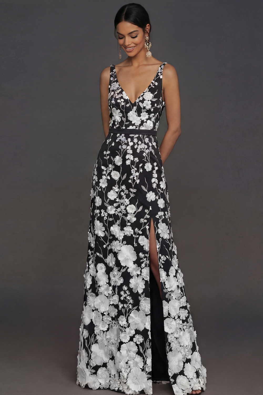 Black Floral Appliqued V Neck Long Formal Dress with Slit