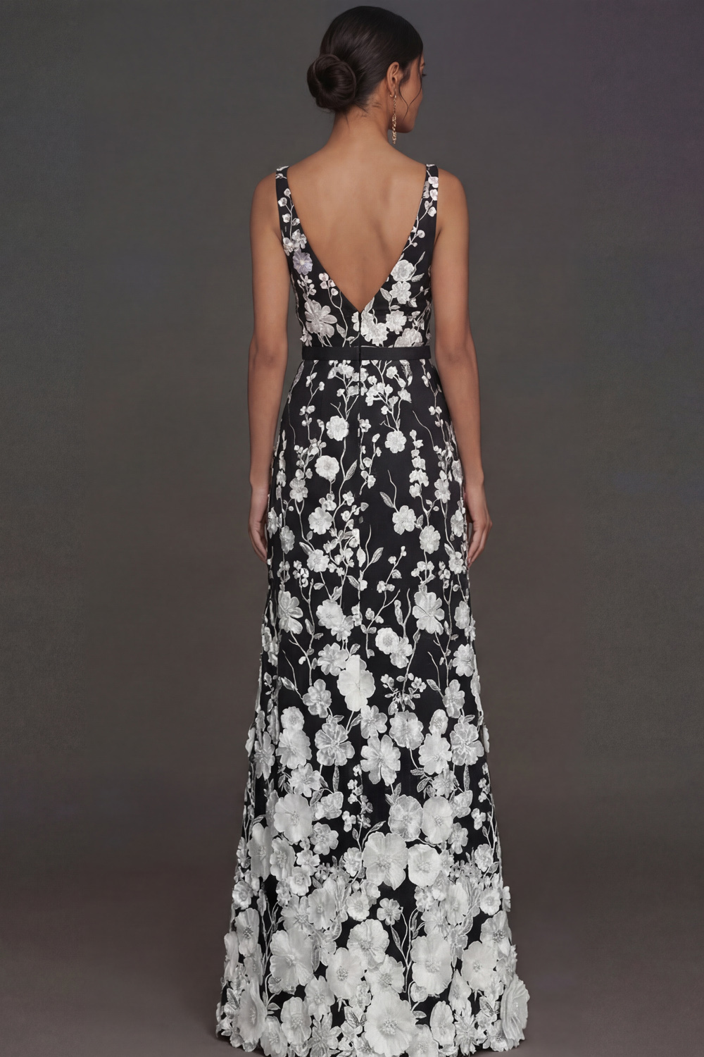 Black Floral Appliqued V Neck Long Formal Dress with Slit