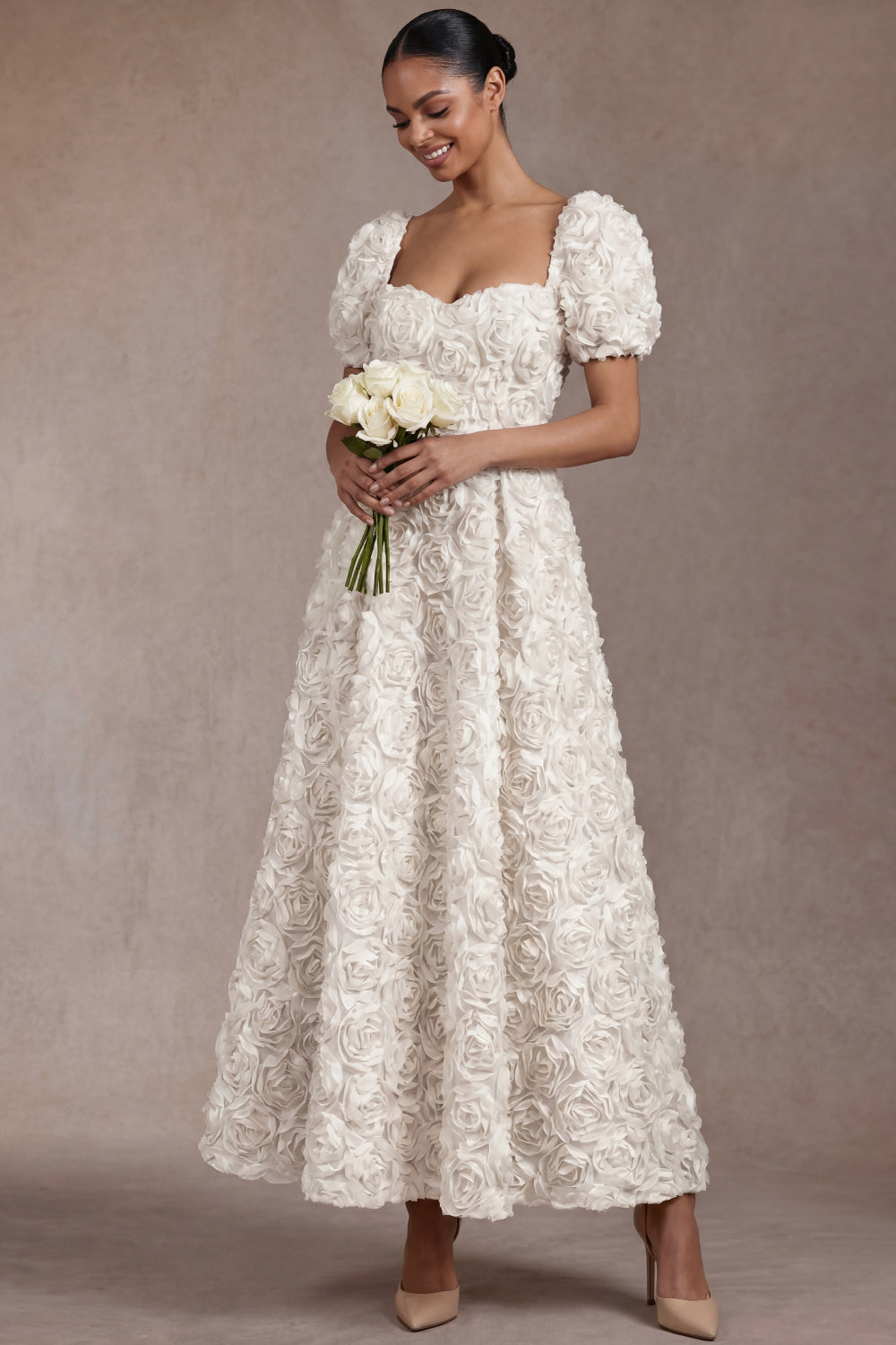 White A Line Sweetheart Floral Short Sleeves Long Engagement Dress
