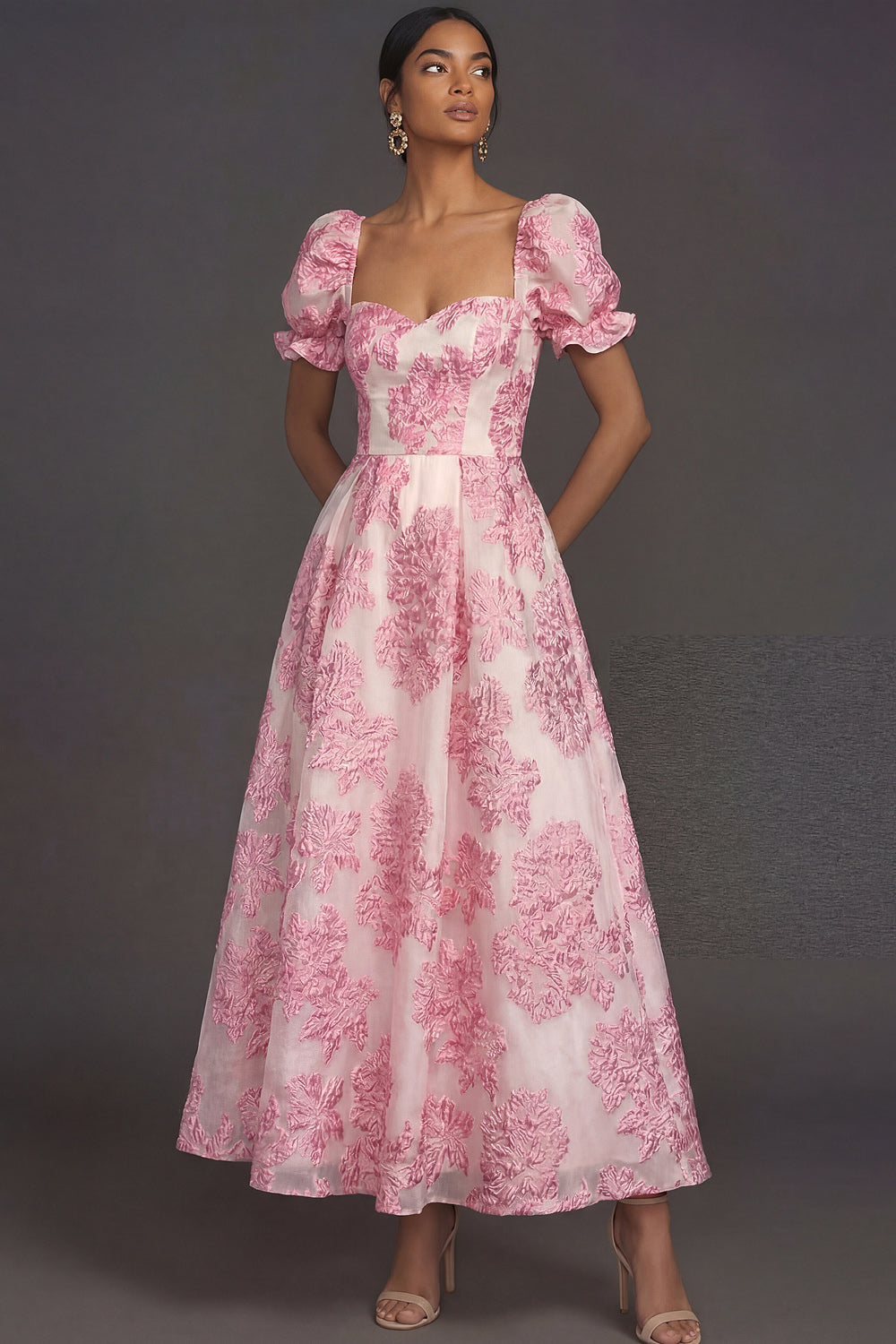 Pink Floral A Line Jacquard Sweetheart Long Formal Dress