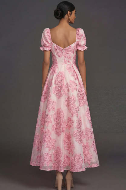 Pink Floral A Line Jacquard Sweetheart Long Formal Dress