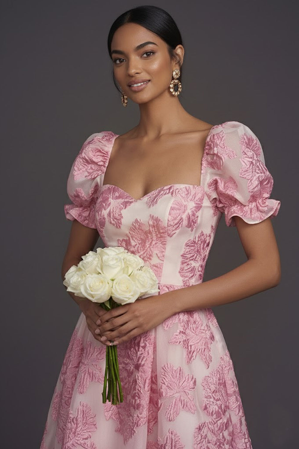 Pink Floral A Line Jacquard Sweetheart Long Formal Dress
