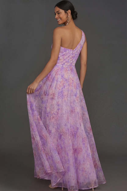 Lilac Floral A Line One Shoulder Sleeveless Long Formal Dress