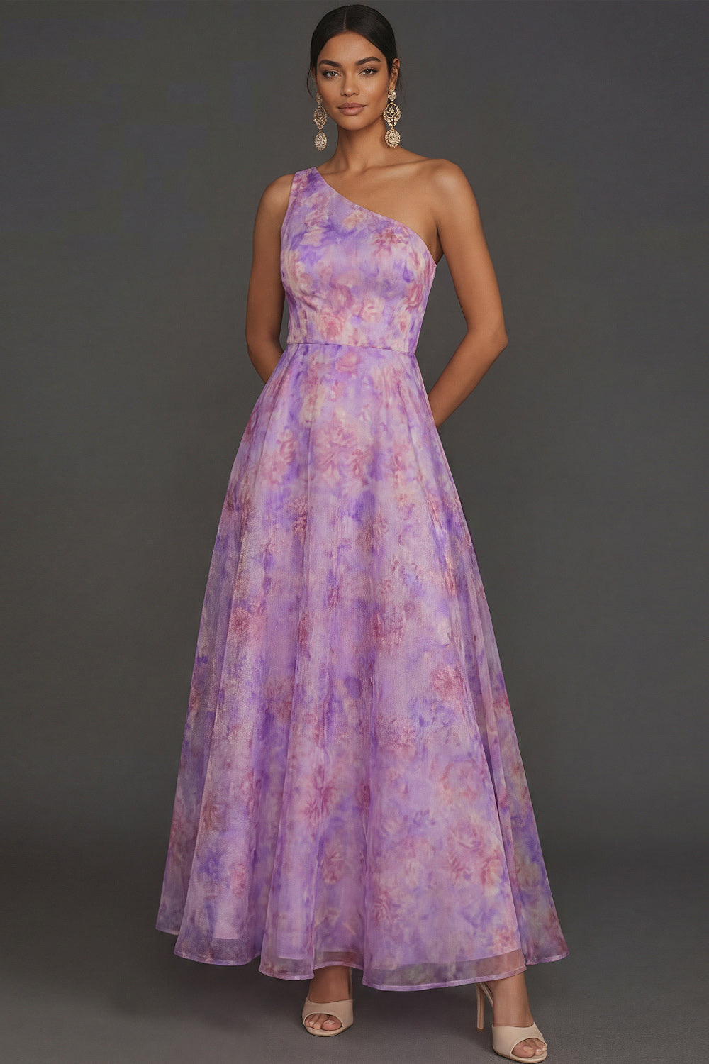 Lilac Floral A Line One Shoulder Sleeveless Long Formal Dress