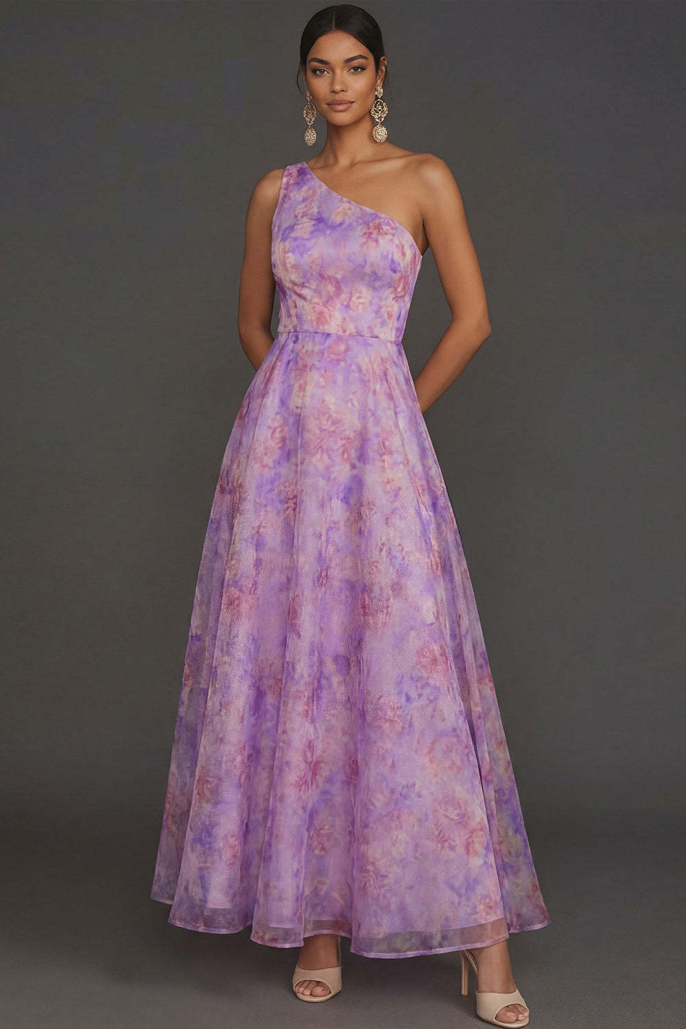 Lilac Floral A Line One Shoulder Sleeveless Long Formal Dress