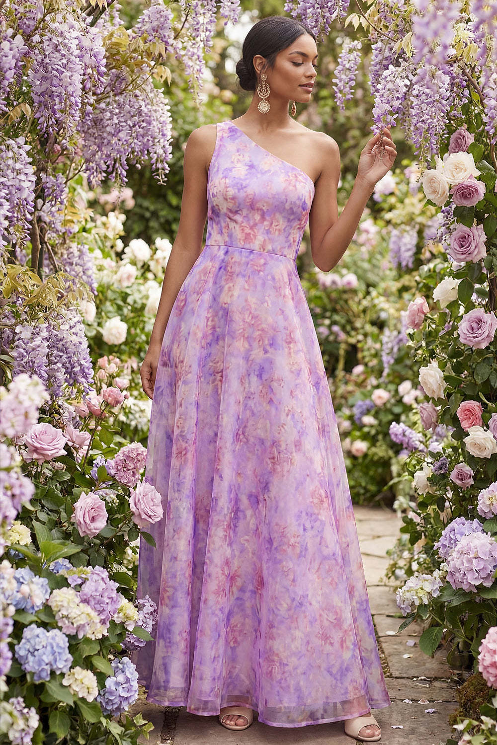 Lilac Floral A Line One Shoulder Sleeveless Long Formal Dress