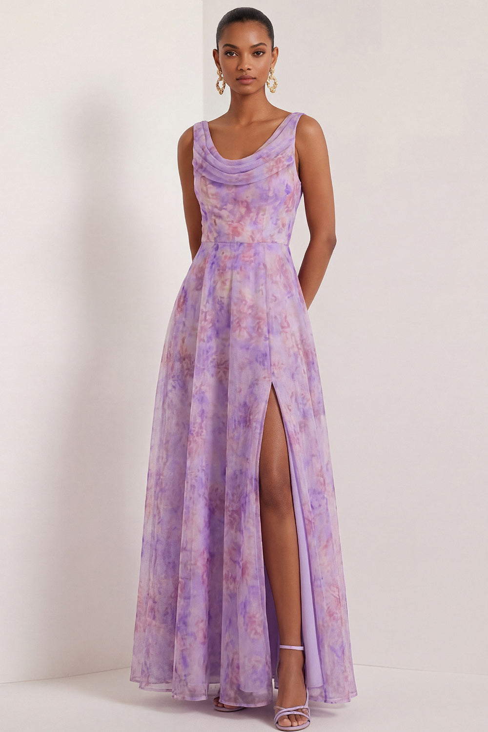Leely Women A Line Lilac Floral Long Formal Dress with Slit Cowl Neck Sleeveless Wedding Guest Dress