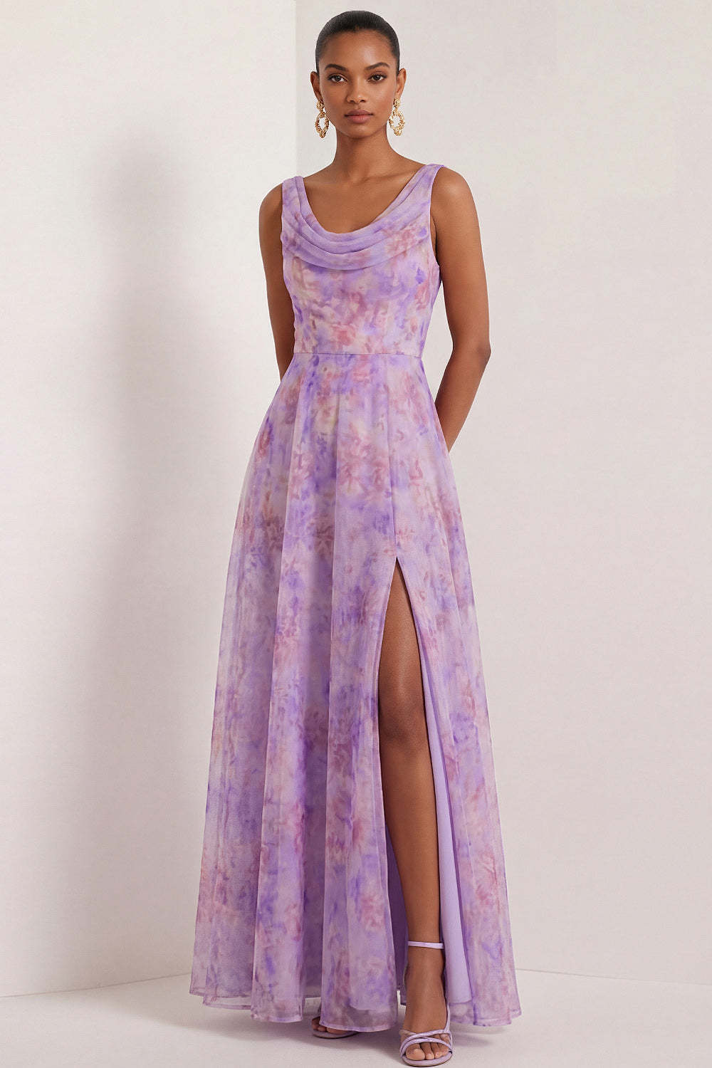 Leely Women A Line Lilac Floral Long Formal Dress with Slit Cowl Neck Sleeveless Wedding Guest Dress