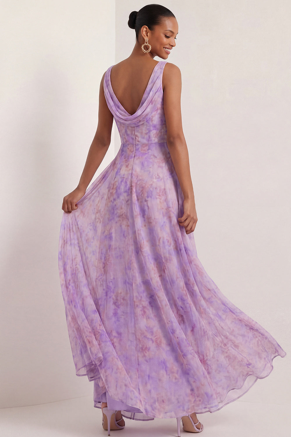 A Line Lilac Floral Cowl Neck Sleeveless Long Formal Dress with Slit