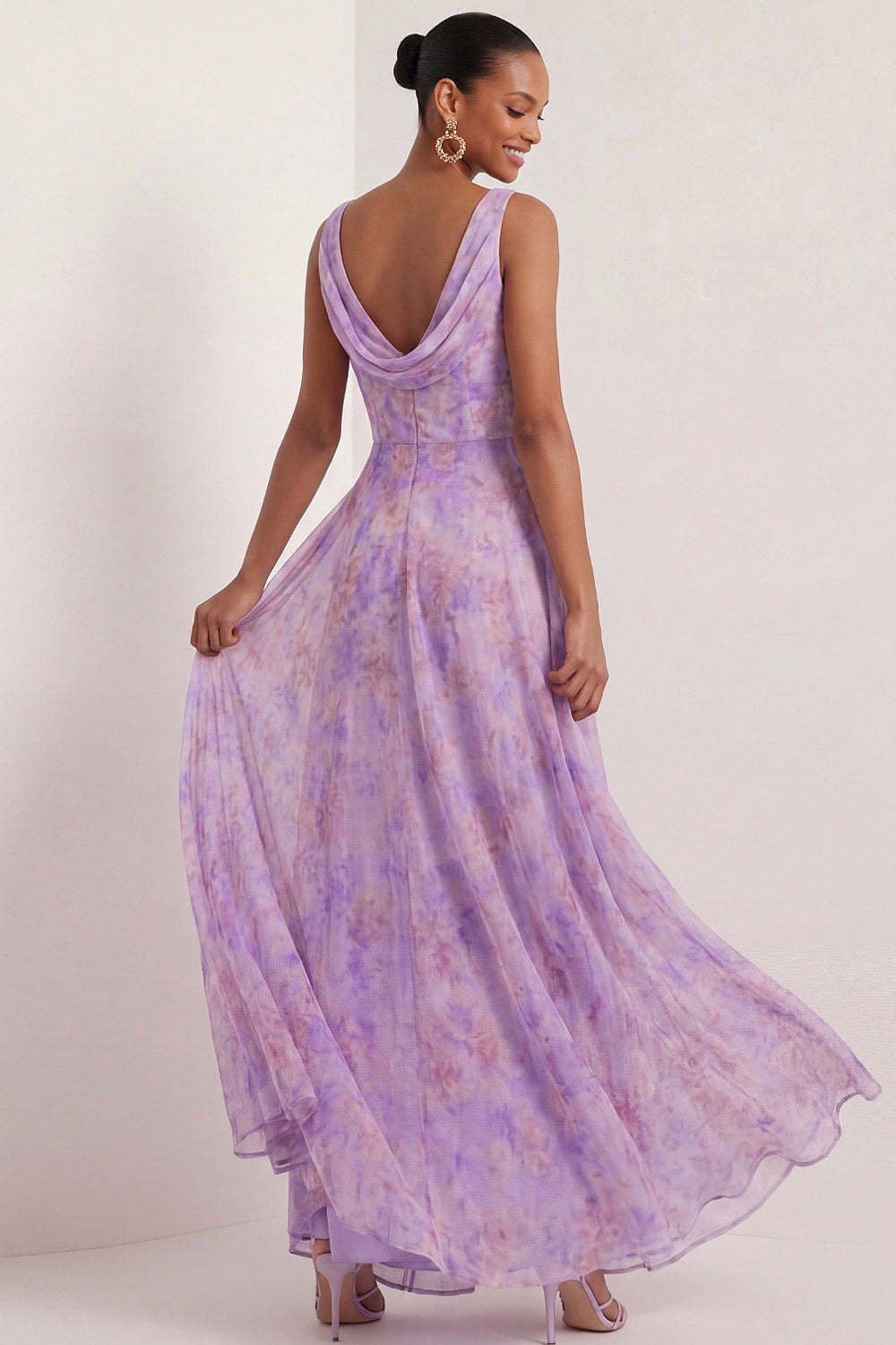 A Line Lilac Floral Cowl Neck Sleeveless Long Formal Dress with Slit
