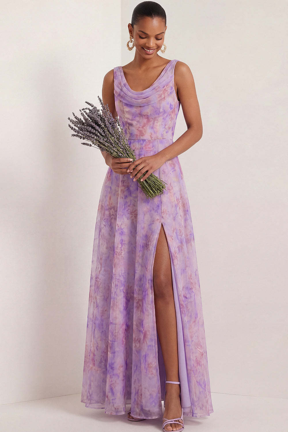 A Line Lilac Floral Cowl Neck Sleeveless Long Formal Dress with Slit