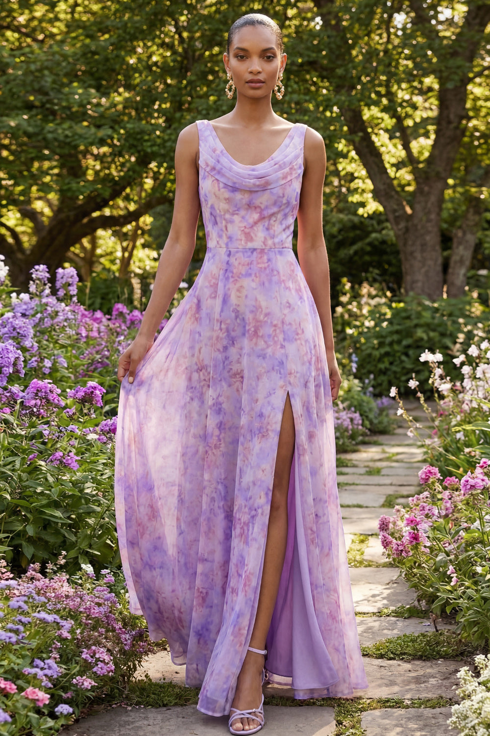 A Line Lilac Floral Cowl Neck Sleeveless Long Formal Dress with Slit