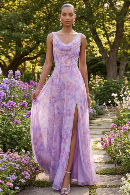 A Line Lilac Floral Cowl Neck Sleeveless Long Formal Dress with Slit