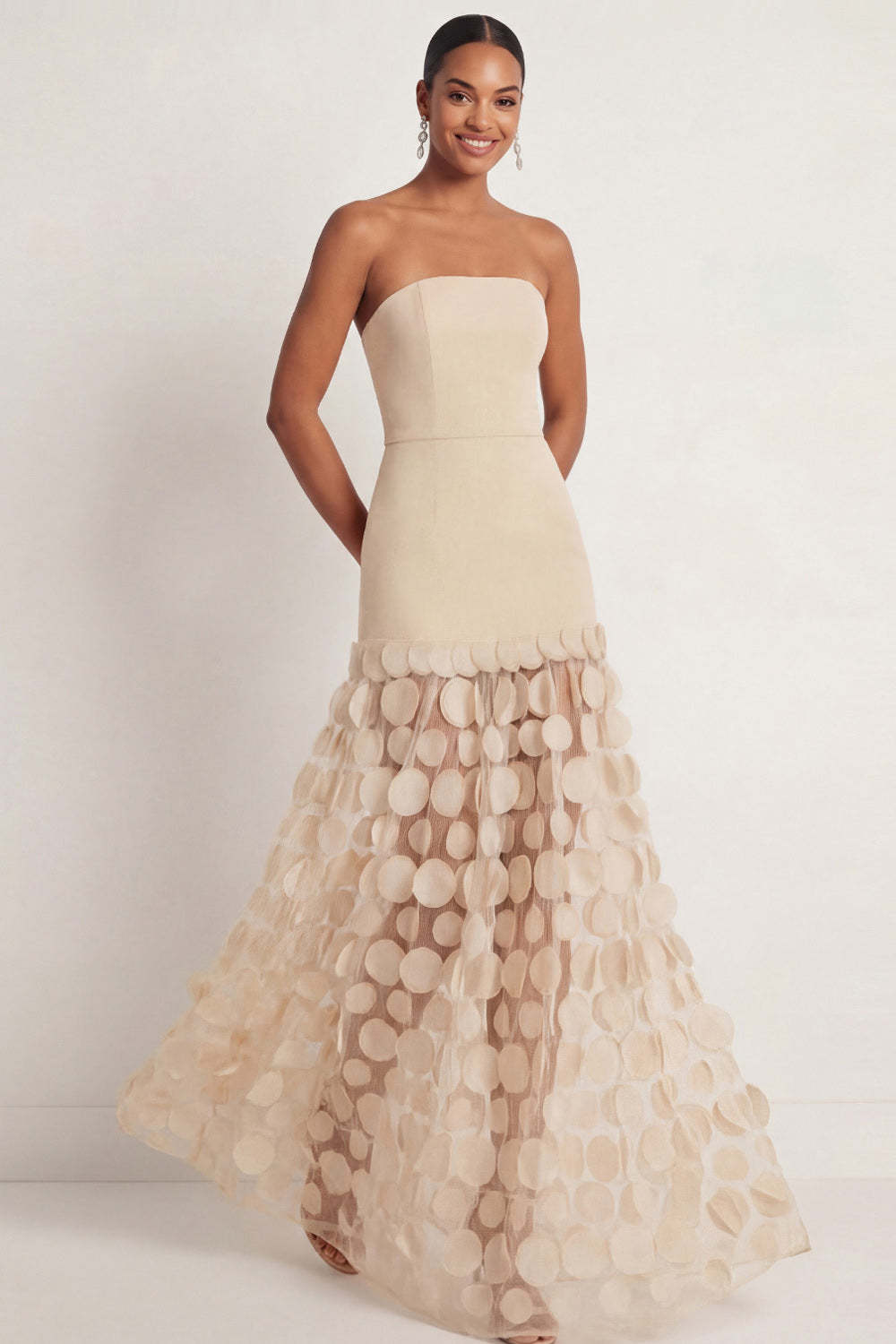 Champagne Strapless A Line Backless Long Formal Dress