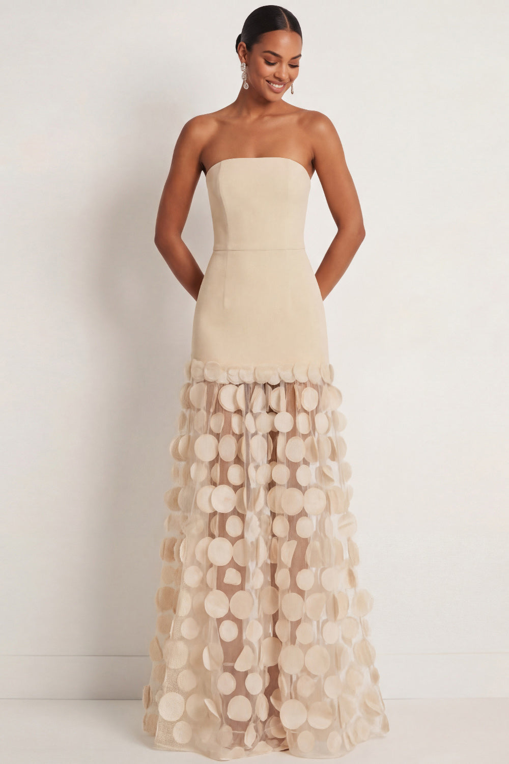 Champagne Strapless A Line Backless Long Formal Dress