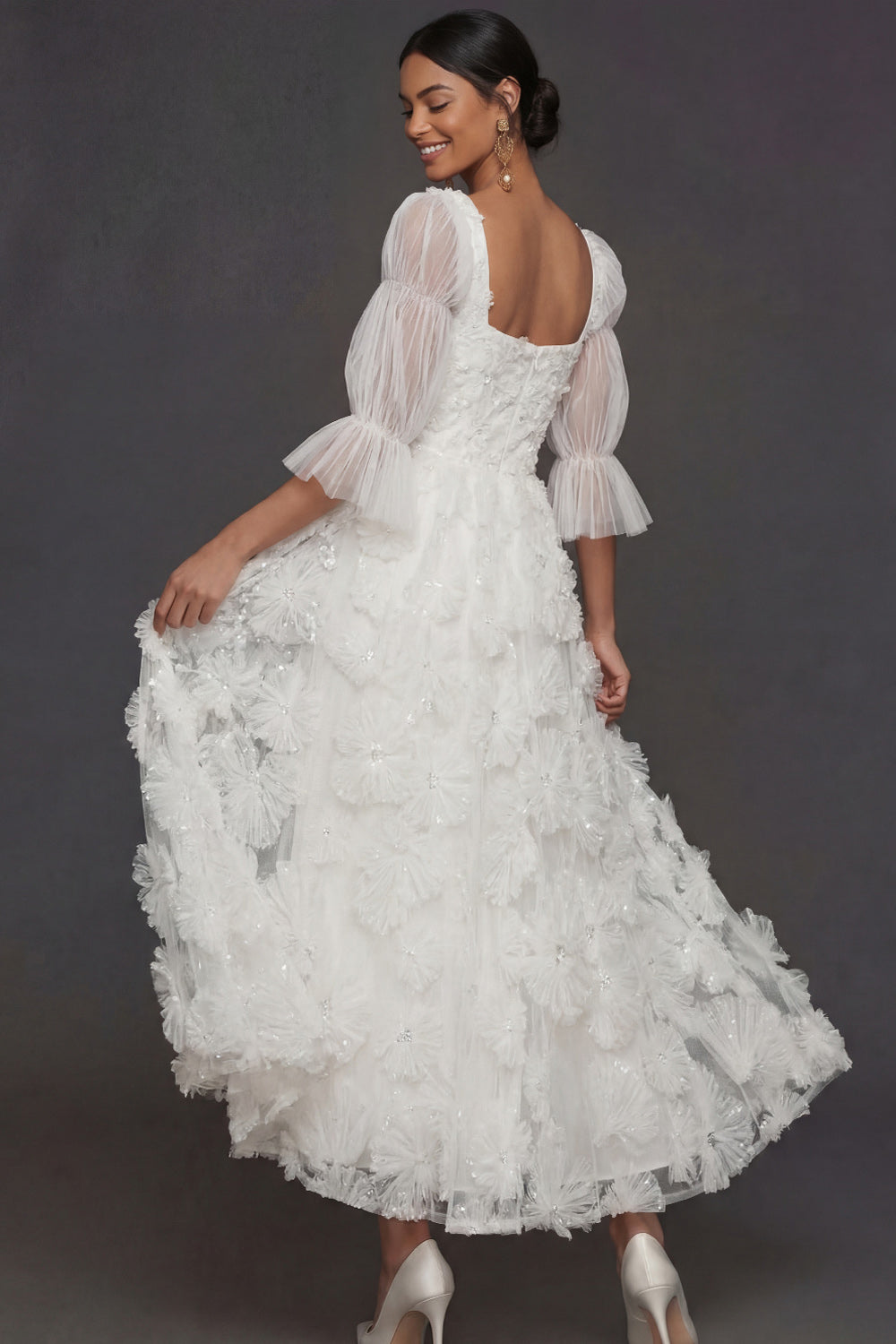 White A Line Floral Appliqued Square Neck Long Engagement Dress