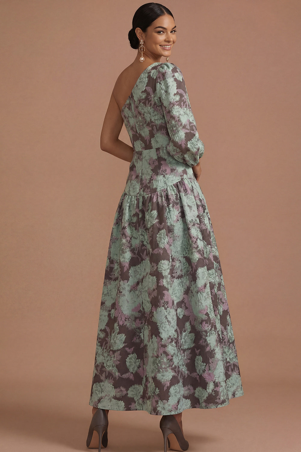 Grape Floral A Line One Shoulder Long Formal Dress