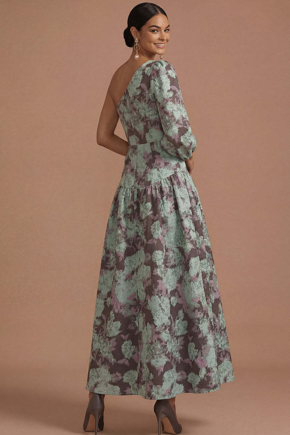 Grape Floral A Line One Shoulder Long Formal Dress