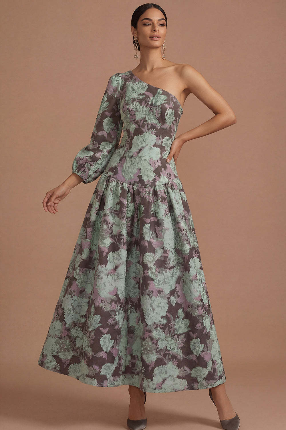 Grape Floral A Line One Shoulder Long Formal Dress