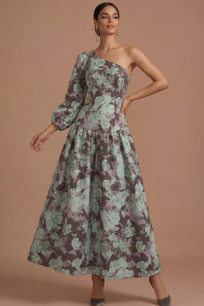 Grape Floral A Line One Shoulder Long Formal Dress