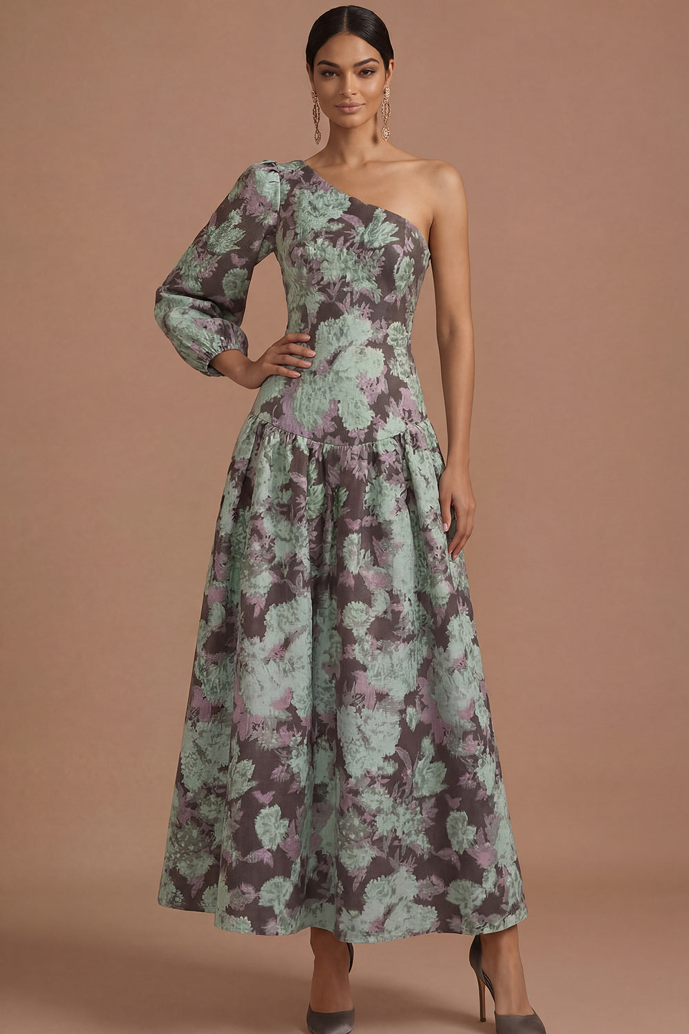 Grape Floral A Line One Shoulder Long Formal Dress