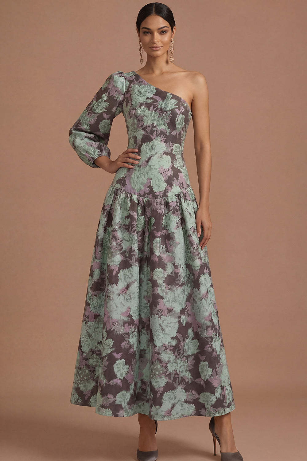 Grape Floral A Line One Shoulder Long Formal Dress